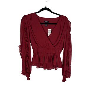 Express Women XS Red V-Neck Ruffle Long Sleeve Smocked Peplum Blouse NWT